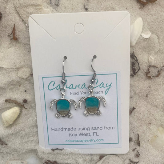 Beach Sand Petite Silver Turtle Earrings (choose your beach)