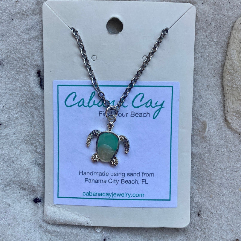 Beach Sand Petite Silver Turtle Necklace (choose your beach)