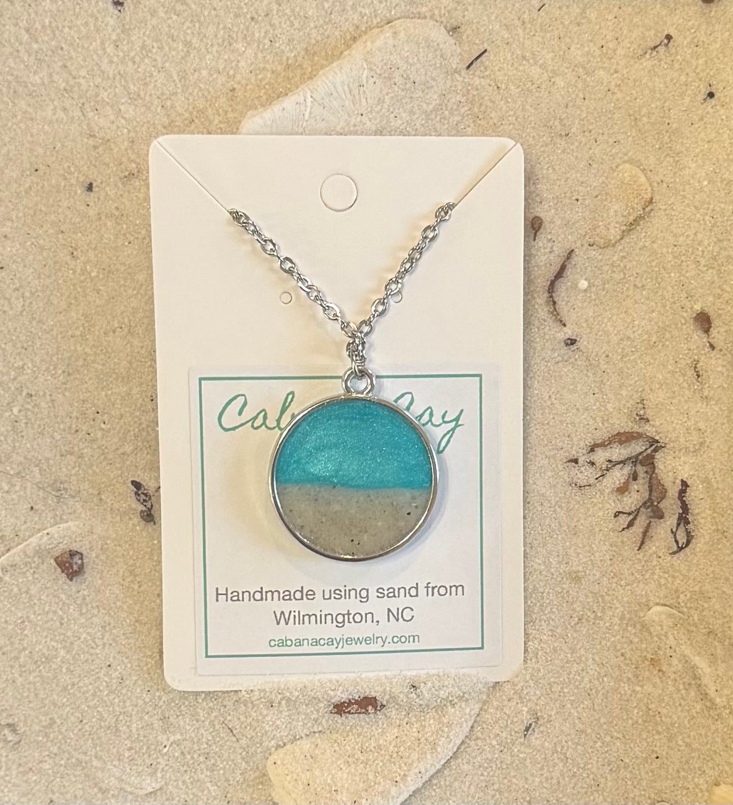 Beach Sand Large Silver Circle Necklace (choose your beach)